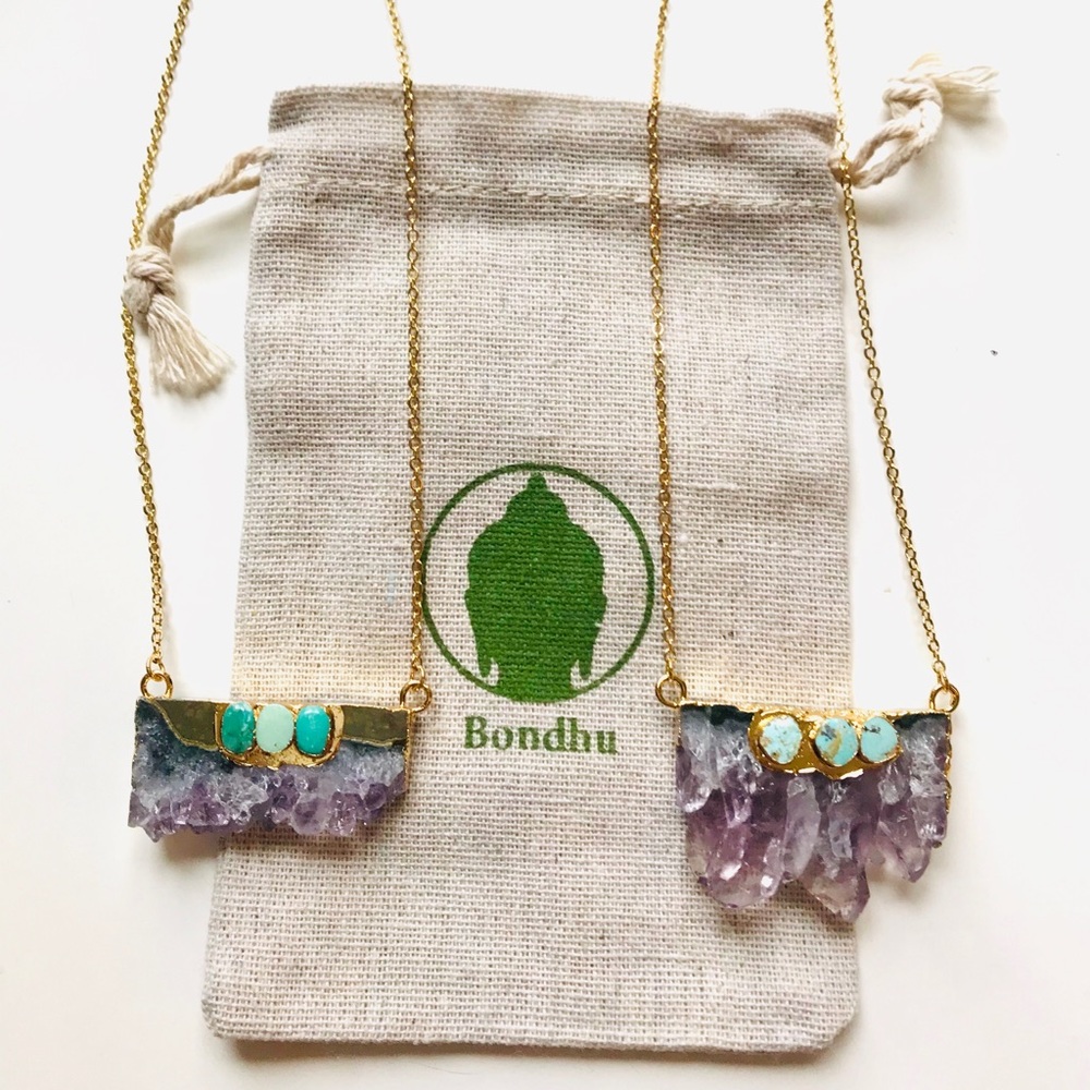 Amethyst Geode Slice & Turquoise 24K Gold Necklace